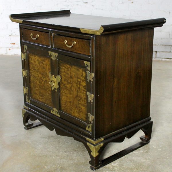 Small Korean Design Asian Accent Scholar’s Cabinet Vintage with Brass Butterflies