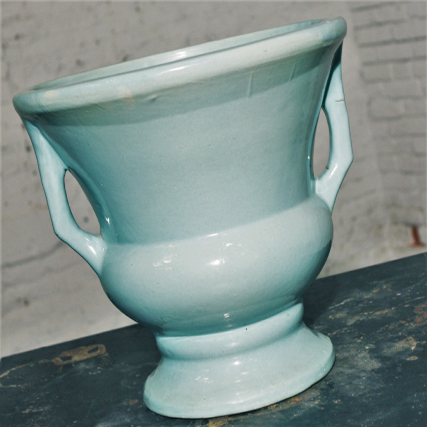 Monumental Vintage Sea Green Double Handled Urn Style Pier Planter Floor Vase