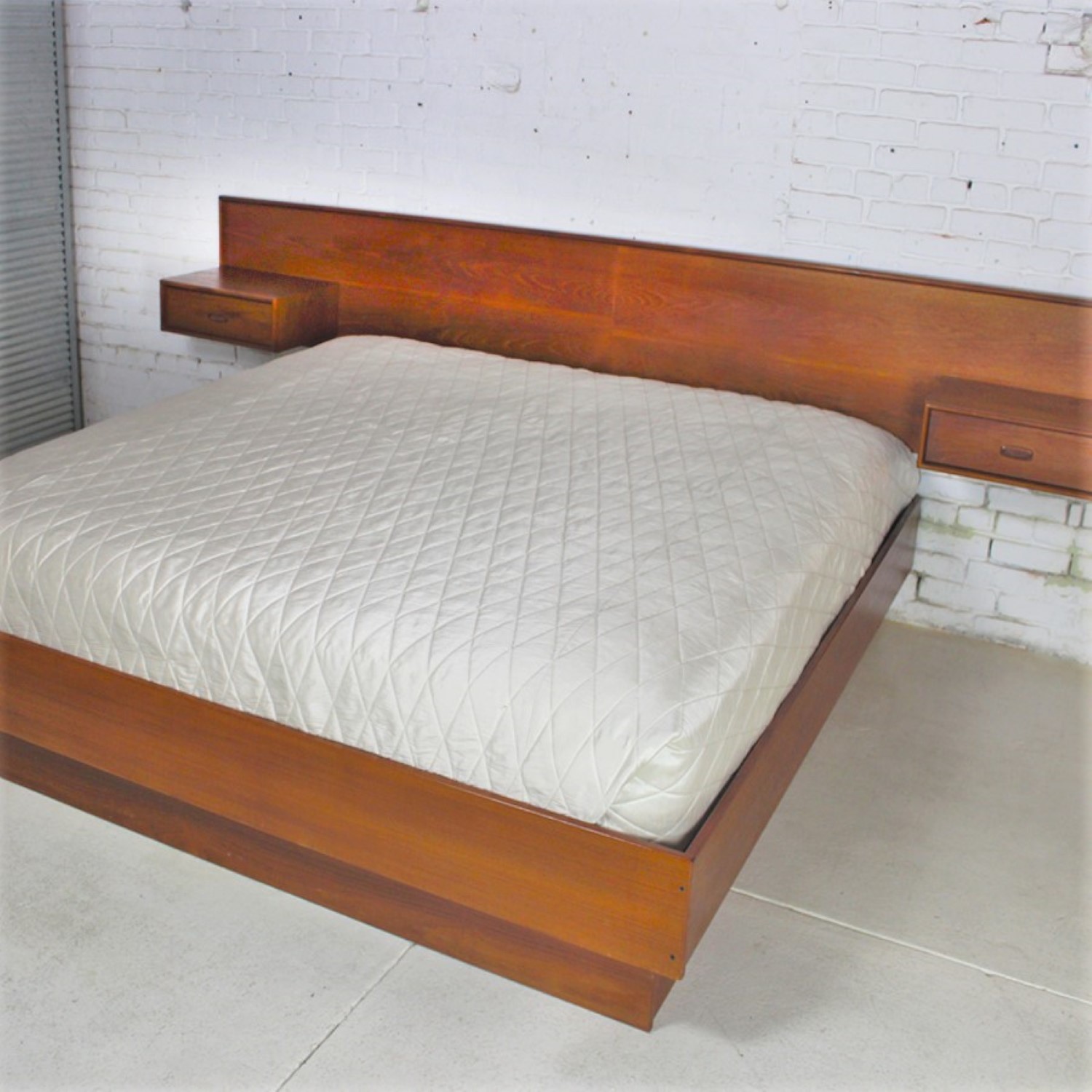 Vintage Scandinavian Modern Teak King Platform Bed with Attached Night Stands