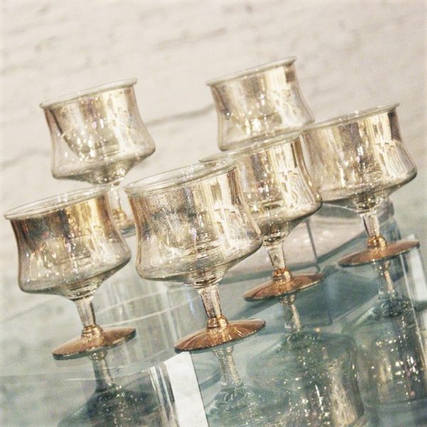 Dorothy C. Thorpe Gold Fleck Shrimp Cocktail Glasses Set of 6 w/ Inserts Mid Century Modern