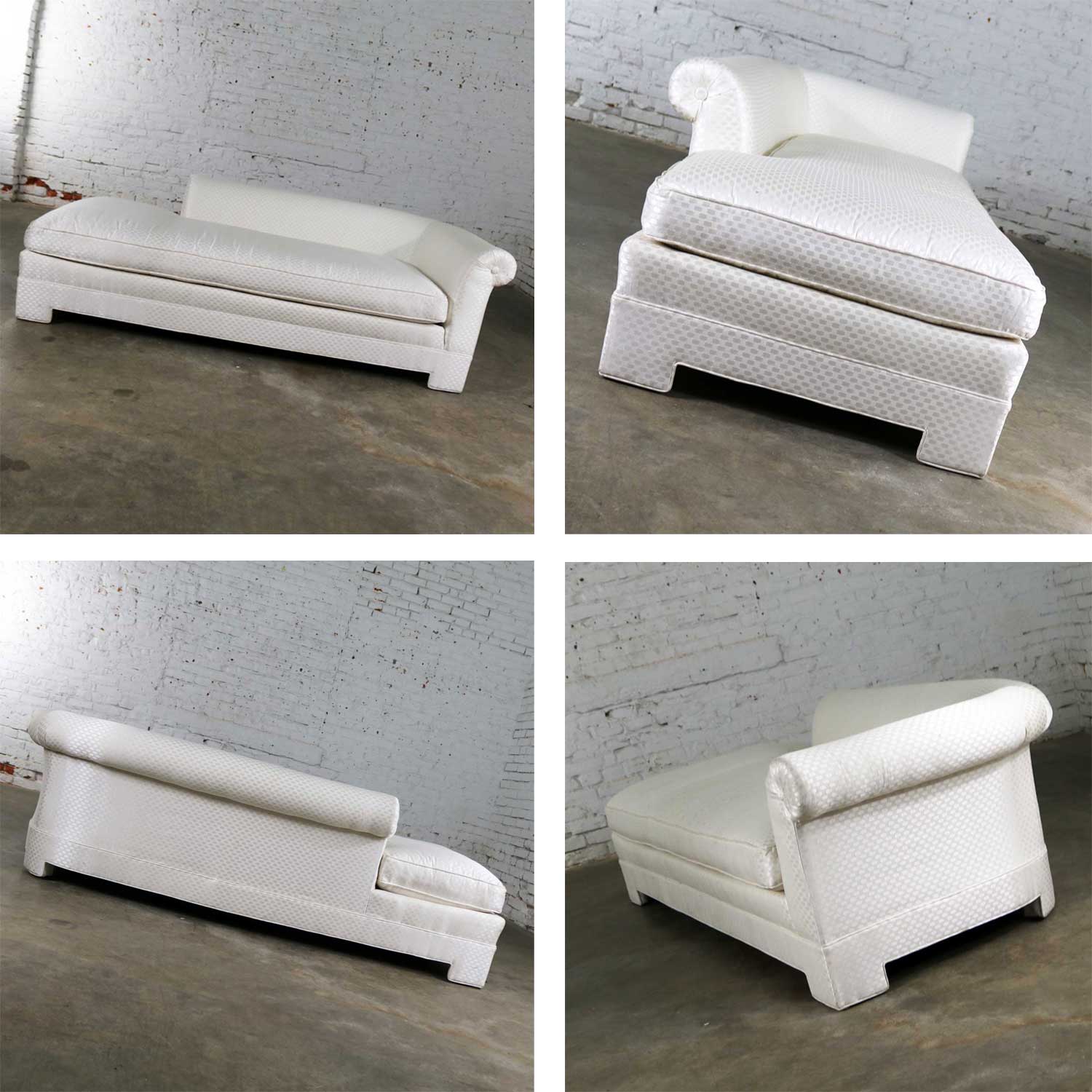 White Art Deco Hollywood Regency Chaise with Loose Pillows & Rolled Arm & Back