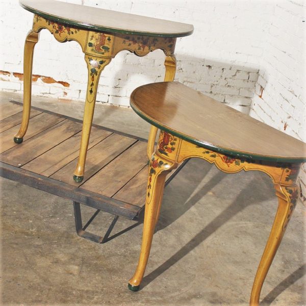 Pair Antique Chinoiserie Hand Painted Demilune Console Tables