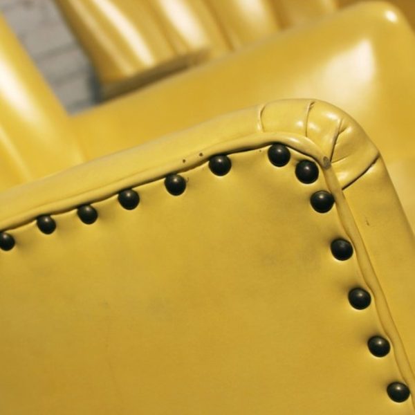 Vintage Bright Yellow Vinyl Channel Back Club Chairs