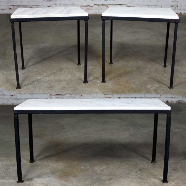 Trio of Small Black Iron Frame White Marble Topped Tables for Indoors or Out