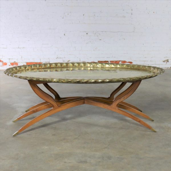 Vintage Indian Moroccan Style Oval Tray Top Spider Leg Coffee Table