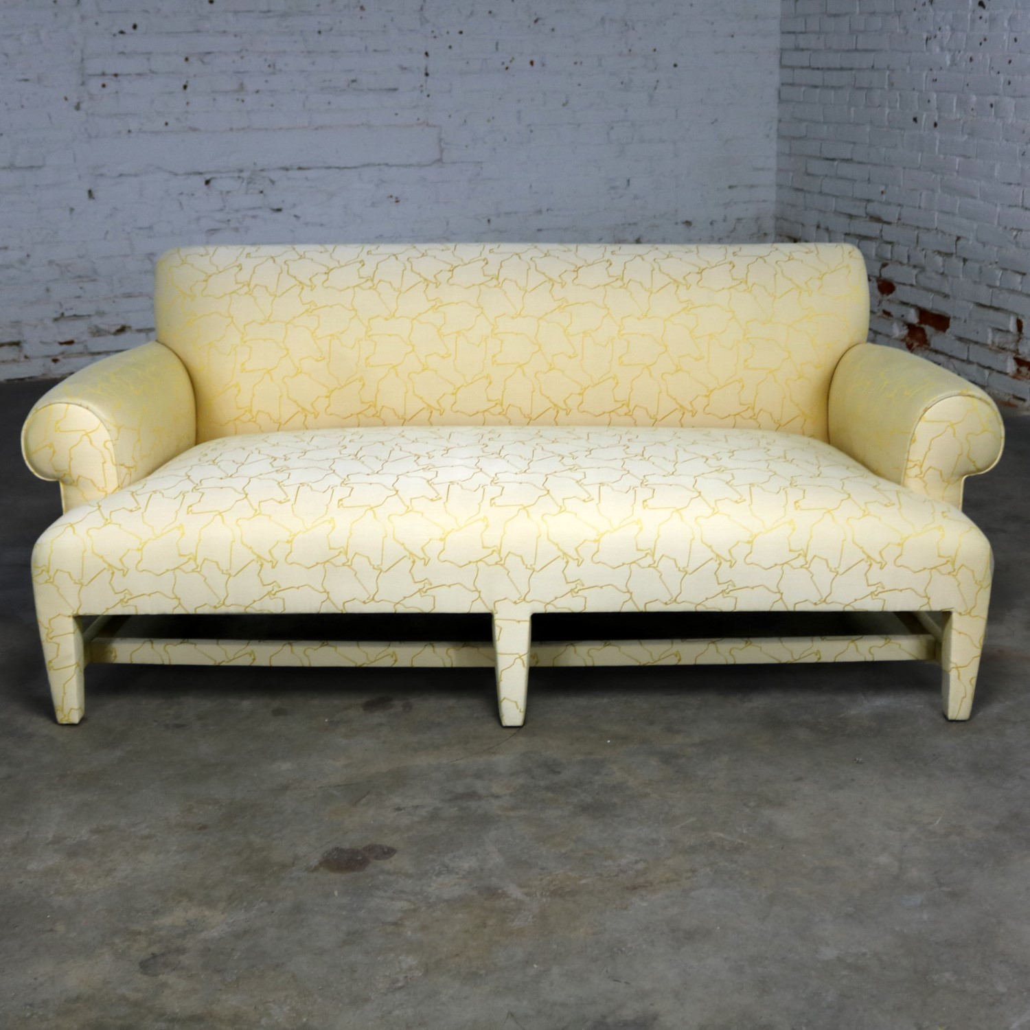 Donghia Love Seat Sofa in Cream and Yellow Fat Man Fabric Attributed to Angelo Donghia