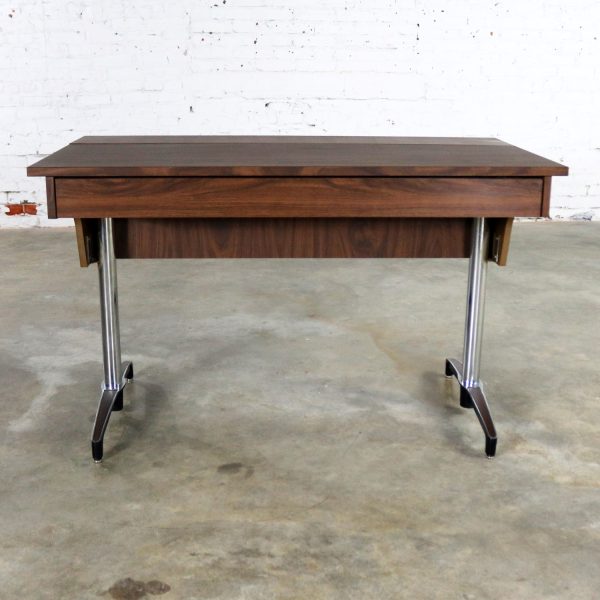 Mid Century Modern Compartment Desk Faux Wood Laminate Chrome Aluminum