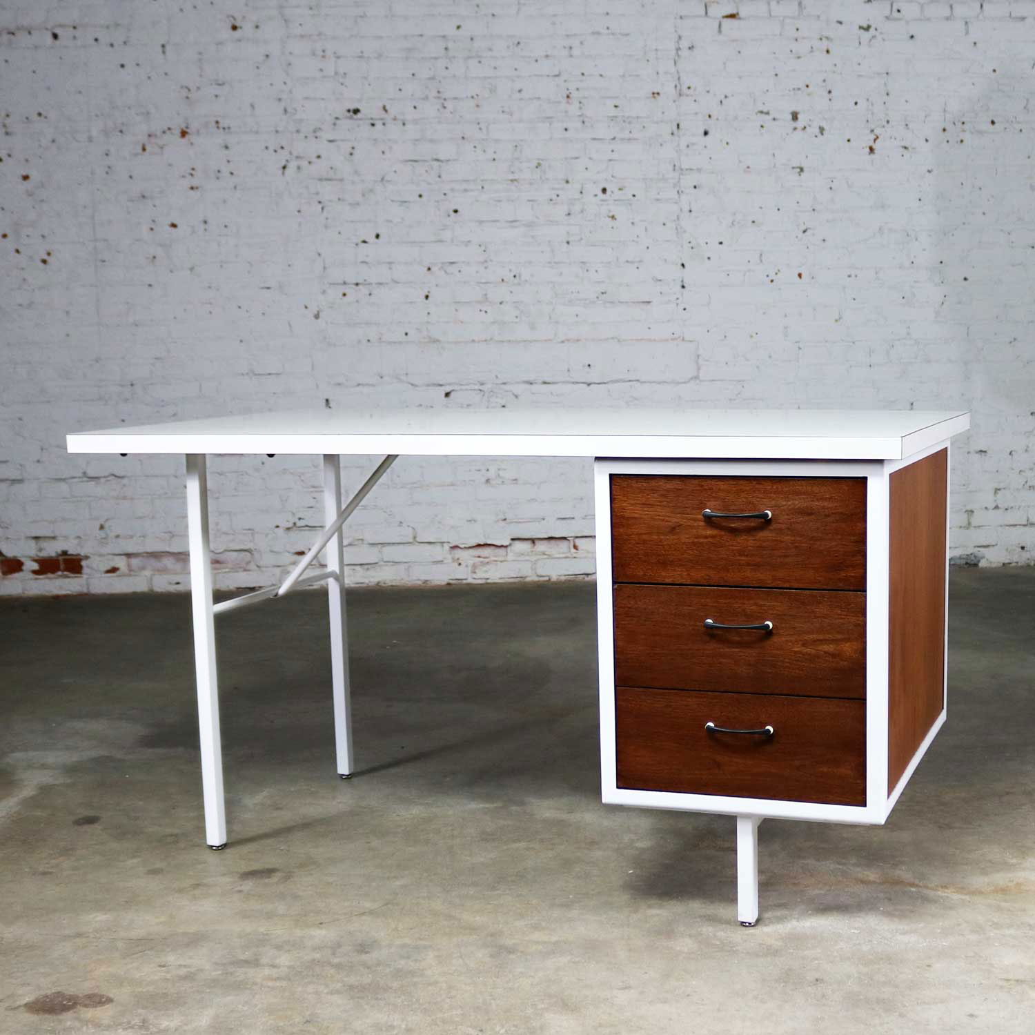 Mid Century Modern Desk by Robert John Co. Walnut White Steel Frame & Laminate Top