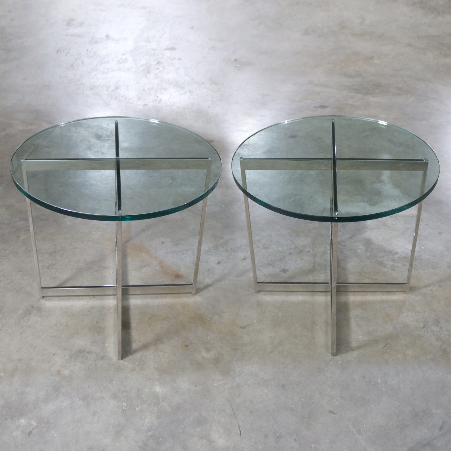Pair Chrome X Base Round Glass Top Side Tables After Mies Van Der Rohe
