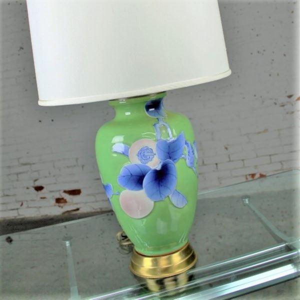 Vintage Large Ceramic Green Vase Lamp w/Blue & Lavender Bird, Branches & Fruit Chinoiserie Design