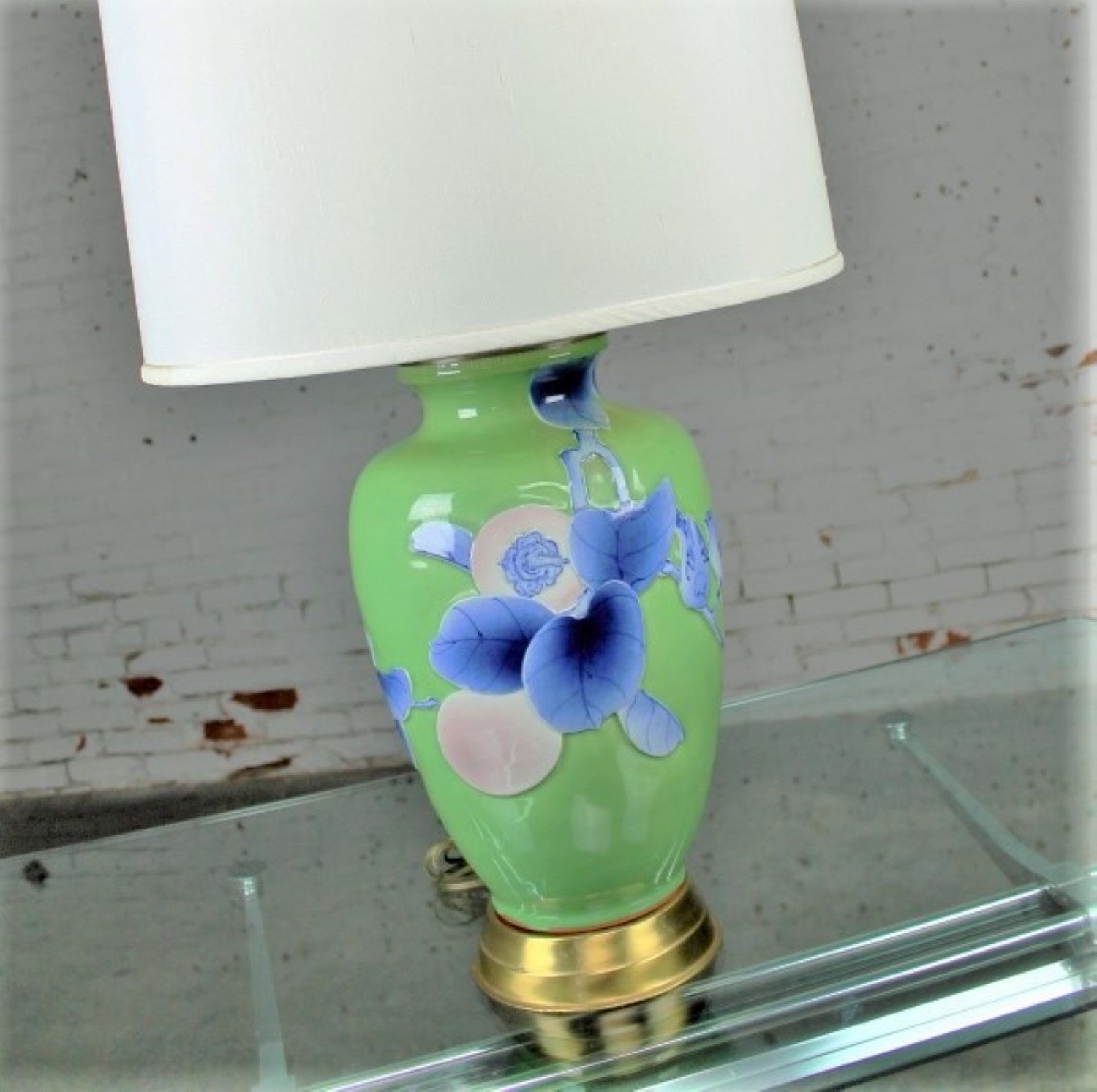 Vintage Large Ceramic Green Vase Lamp w/Blue & Lavender Bird, Branches & Fruit Chinoiserie Design