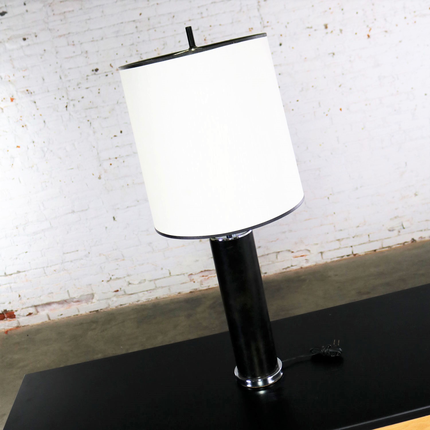 Chrome & Black Faux Leather International Style Cylindrical Table Lamp After Walter von Nessen