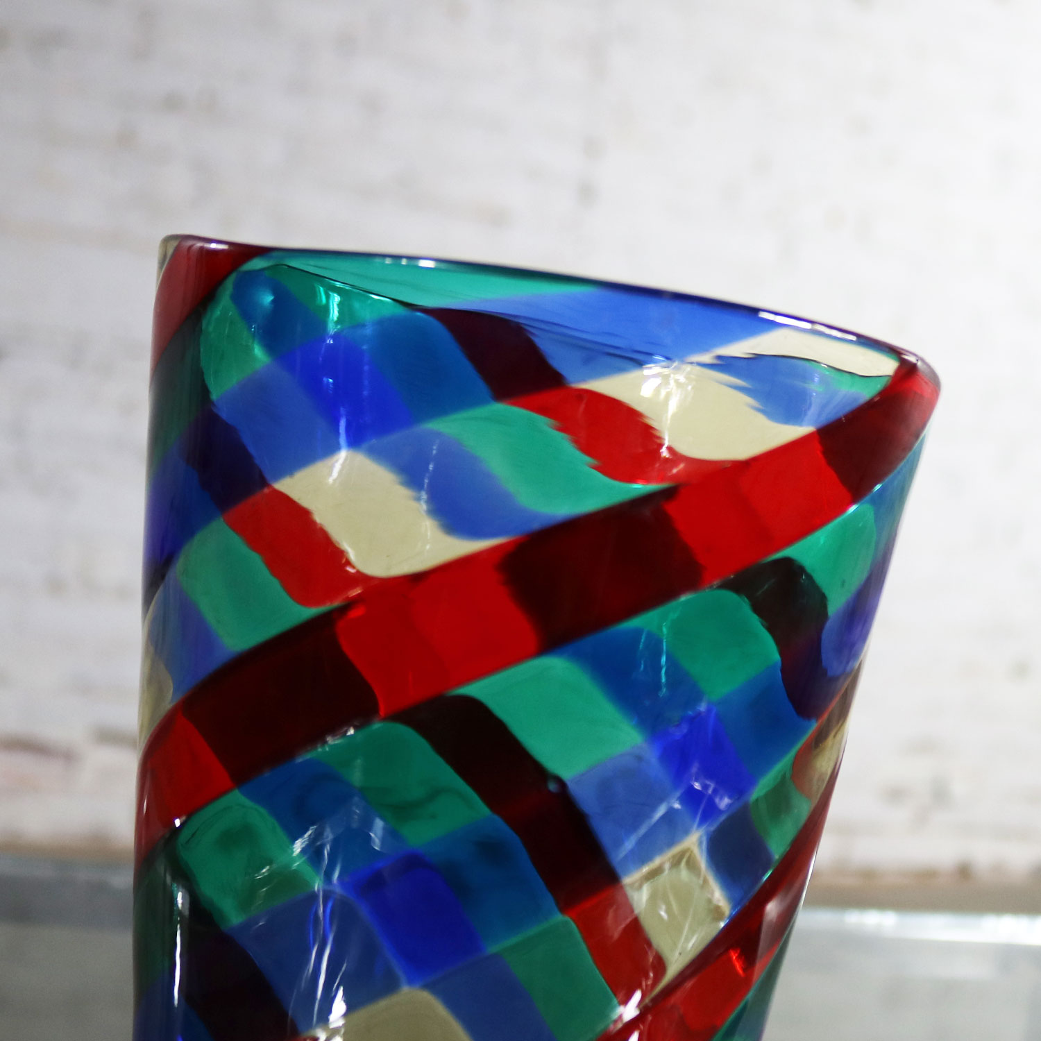 Fasce Ritorte Red Blue Green Murano Glass Vase Attributed to Fulvio Bianconi for Venini