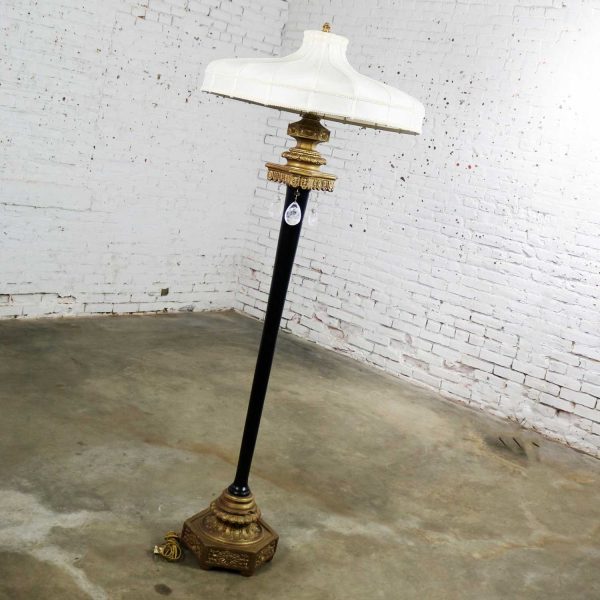 Large Beaux Arts Black & Gilt Floor Lamp with Handmade Shade & Teardrop Pendants