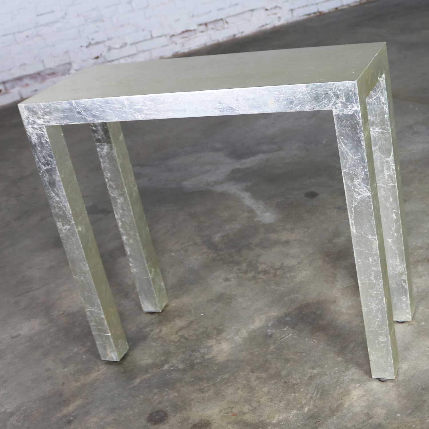 Hollywood Regency Silver Leafed Parsons Console Table and Mirror Set
