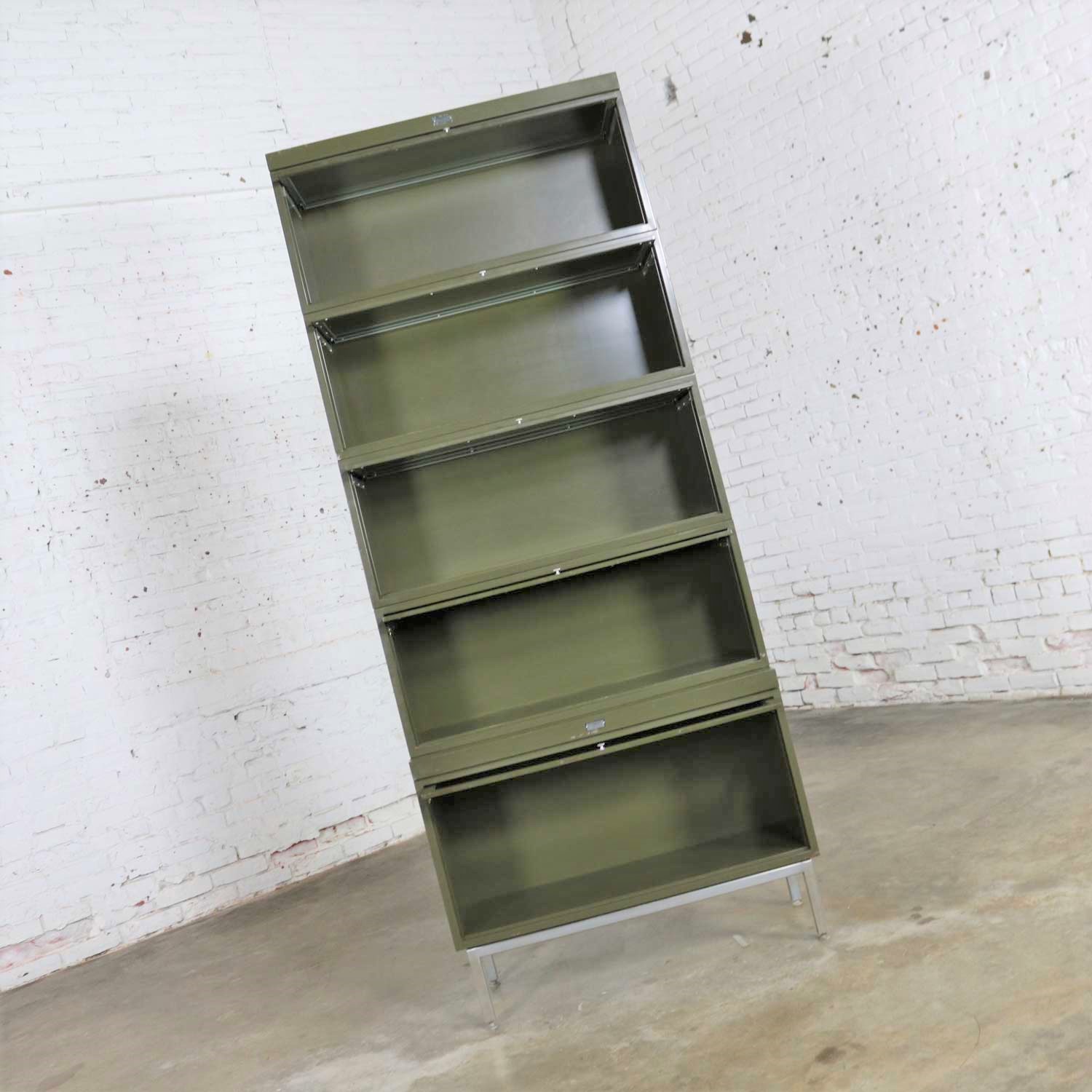 Industrial Army Green Metal Barrister Five Section Stacking Bookcase with Glass Fronts