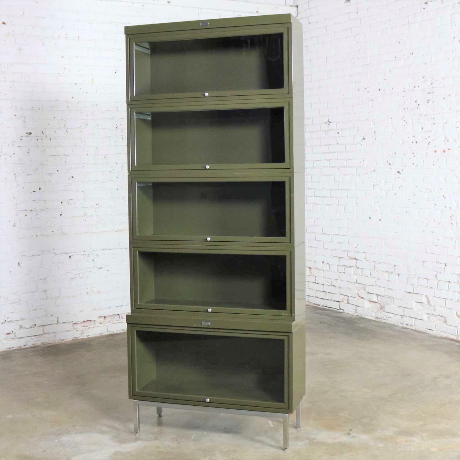 Industrial Army Green Metal Barrister Five Section Stacking Bookcase with Glass Fronts