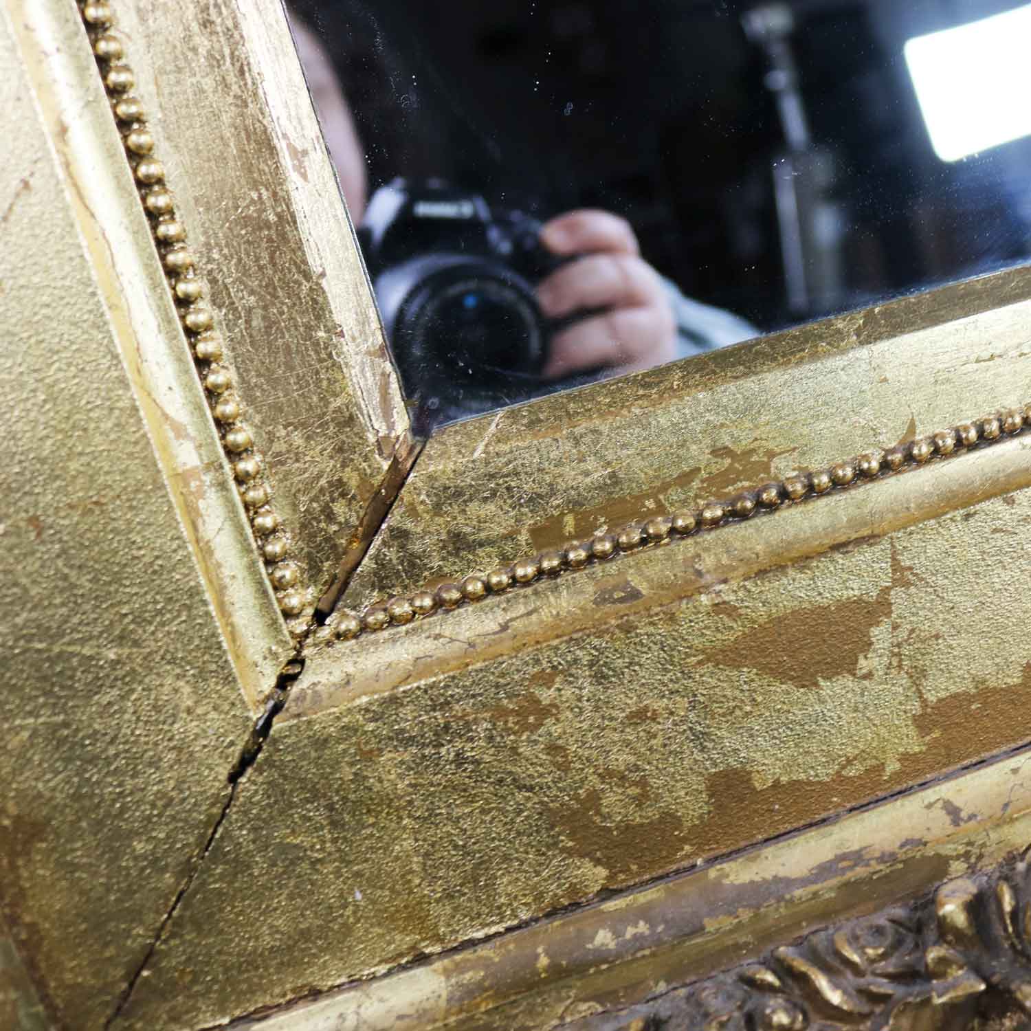 Monumental Antique Gold Leaf Gesso Framed Mirror with Floral Garland Design
