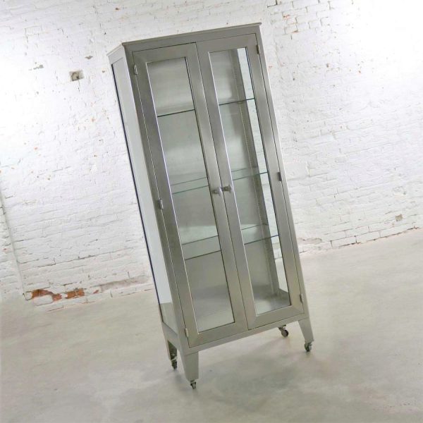 Vintage Stainless-Steel Industrial Display Apothecary Medical Cabinet with Glass Doors and Shelves ML