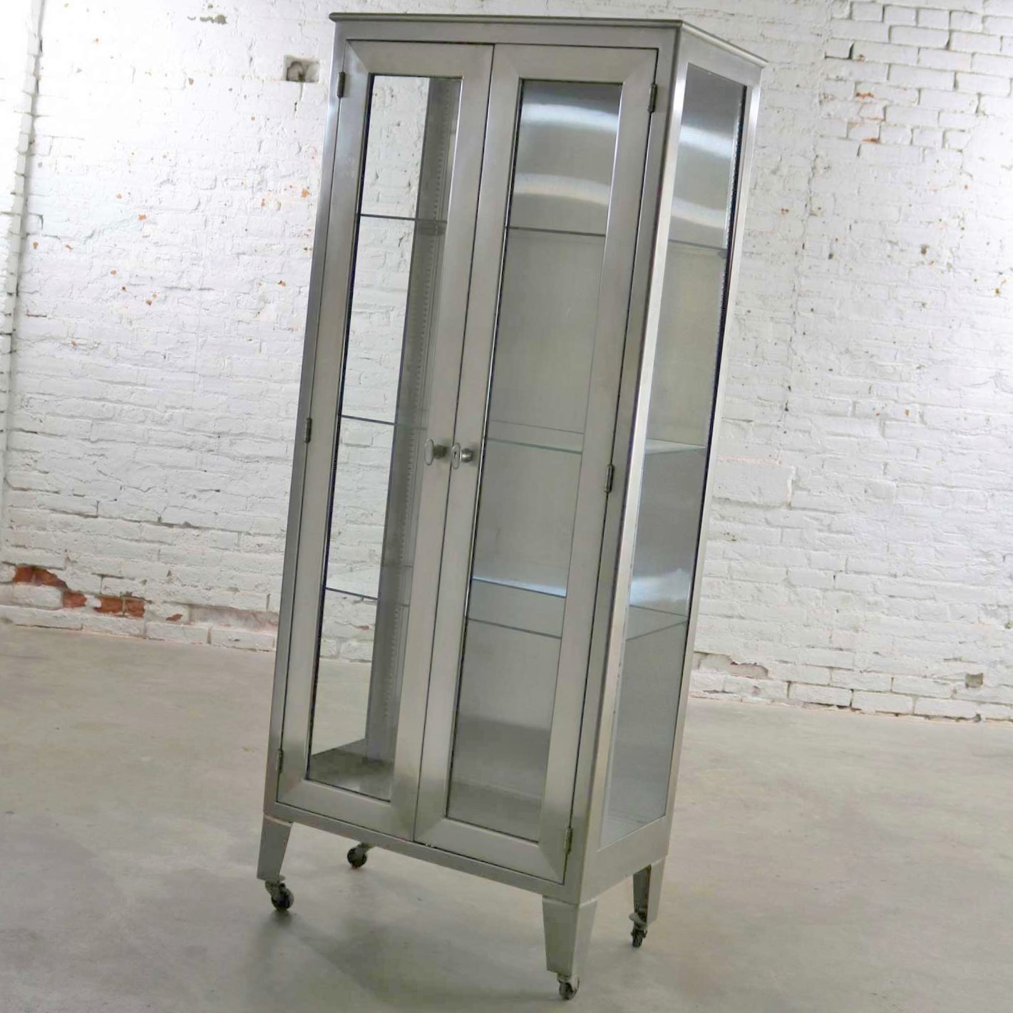 Vintage Stainless-Steel Industrial Display Apothecary Medical Cabinet with Glass Doors and Shelves ML