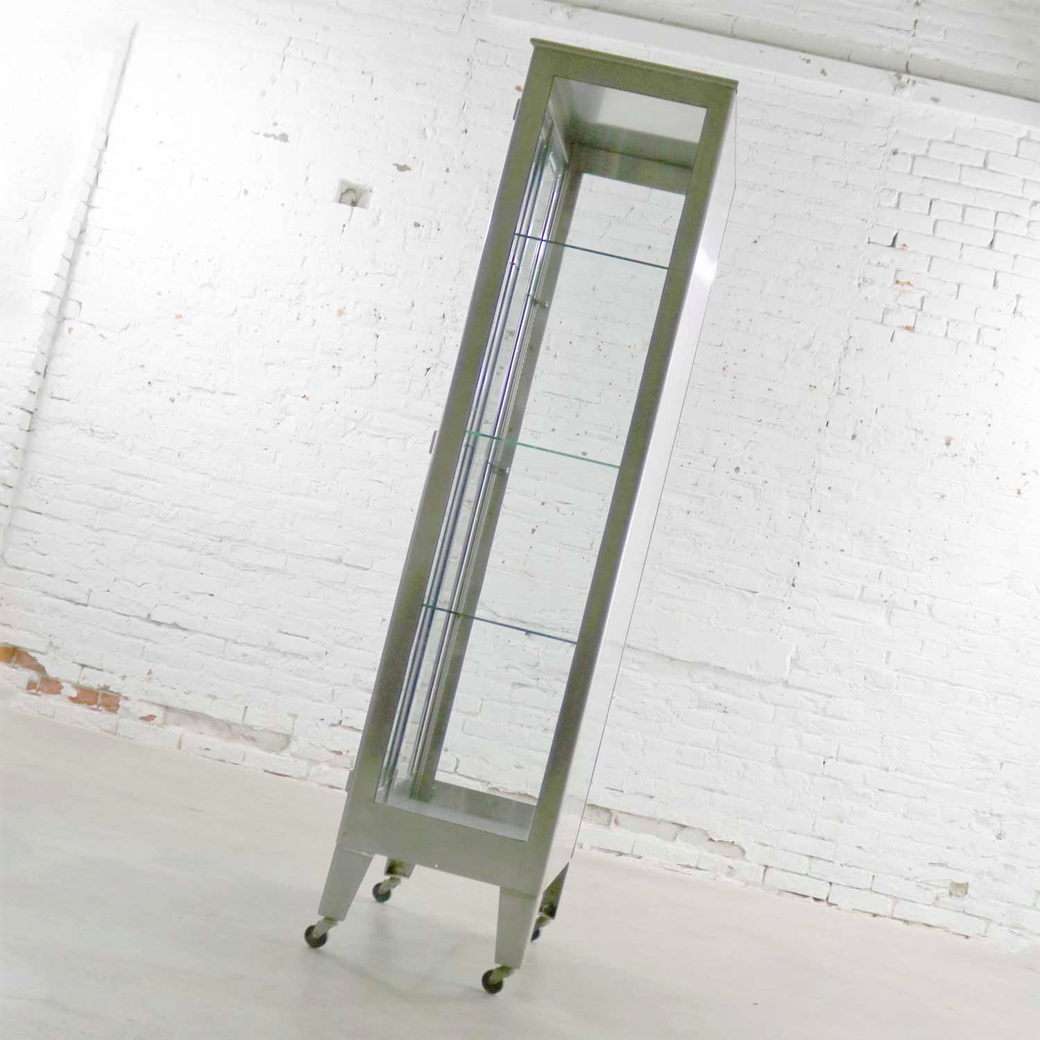 Vintage Stainless-Steel Industrial Display Apothecary Medical Cabinet with Glass Doors and Shelves ML
