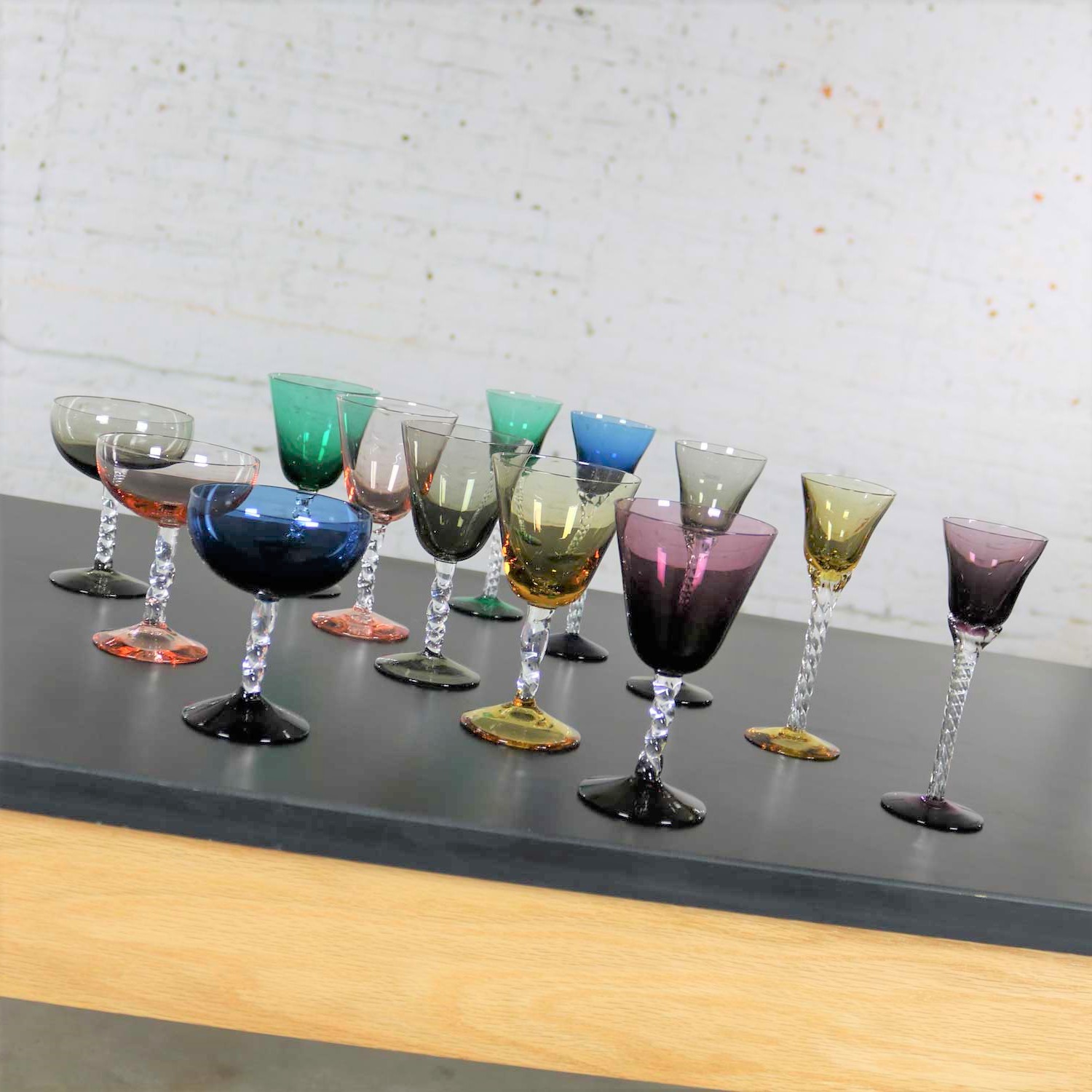 Set of 13 Pieces Multi Color Stemware in Three Sizes with Twisted Clear Stems