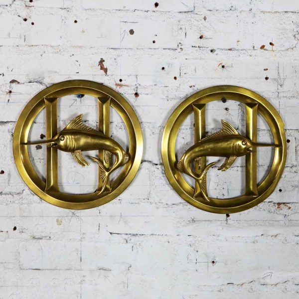 Pair Solid Brass Porthole Cover Grills with Swordfish Design Nautical Décor