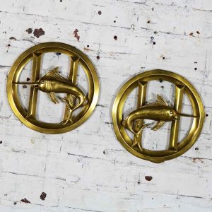 Pair Solid Brass Porthole Cover Grills with Swordfish Design Nautical Décor
