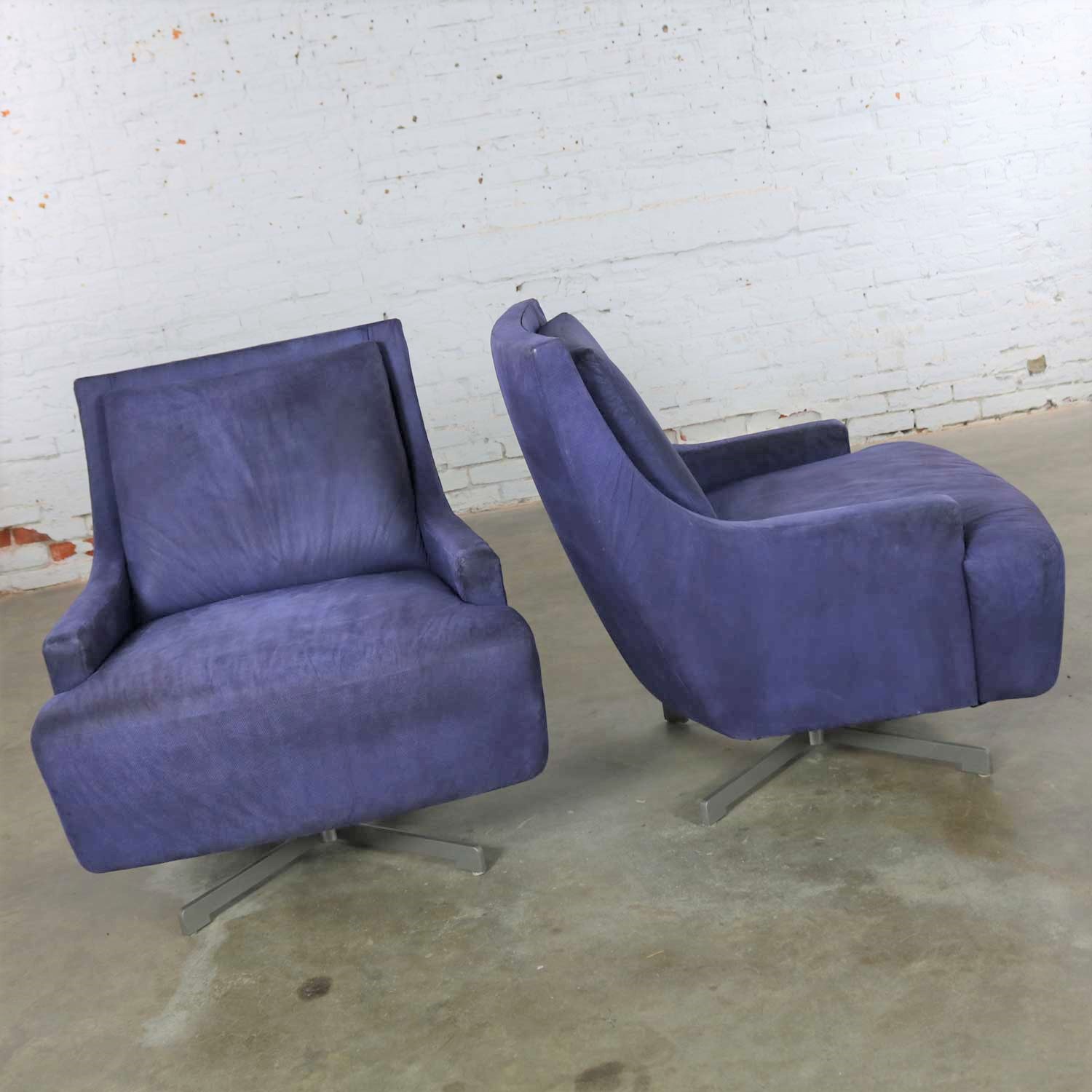 Pair of Aubergine Scoop Swivel Lounge Chairs with Metal Base by Barbara Barry for HBF