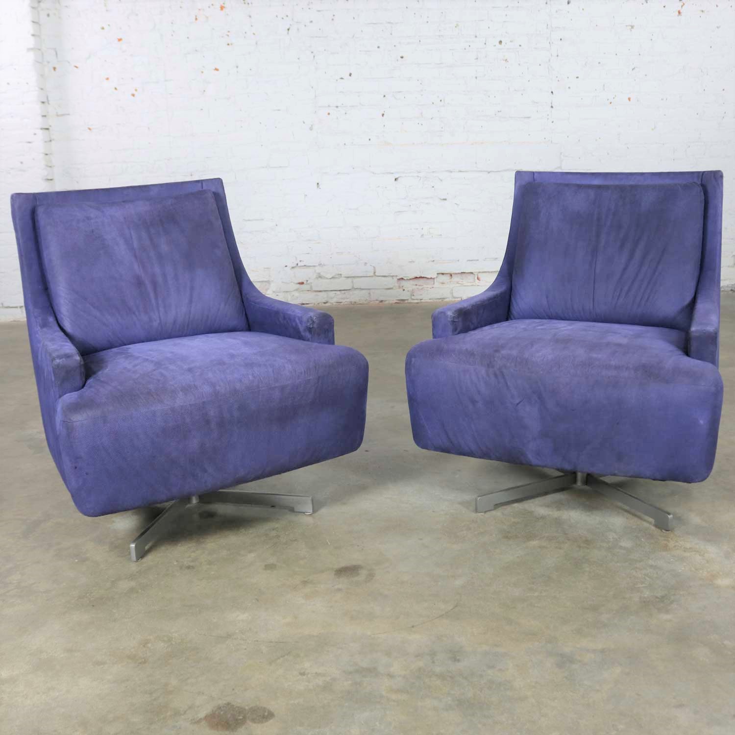 Pair of Aubergine Scoop Swivel Lounge Chairs with Metal Base by Barbara Barry for HBF