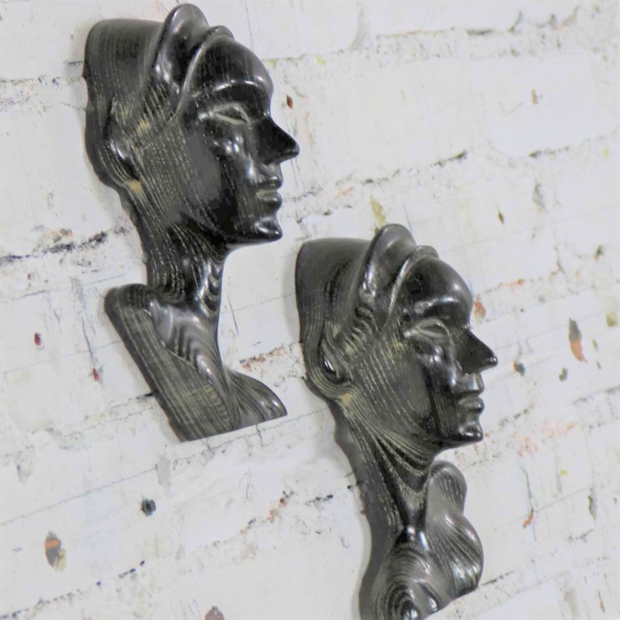 Art Deco Style Ebonized Oak Carved Female Bust Vintage Wall Sculptures, a Pair