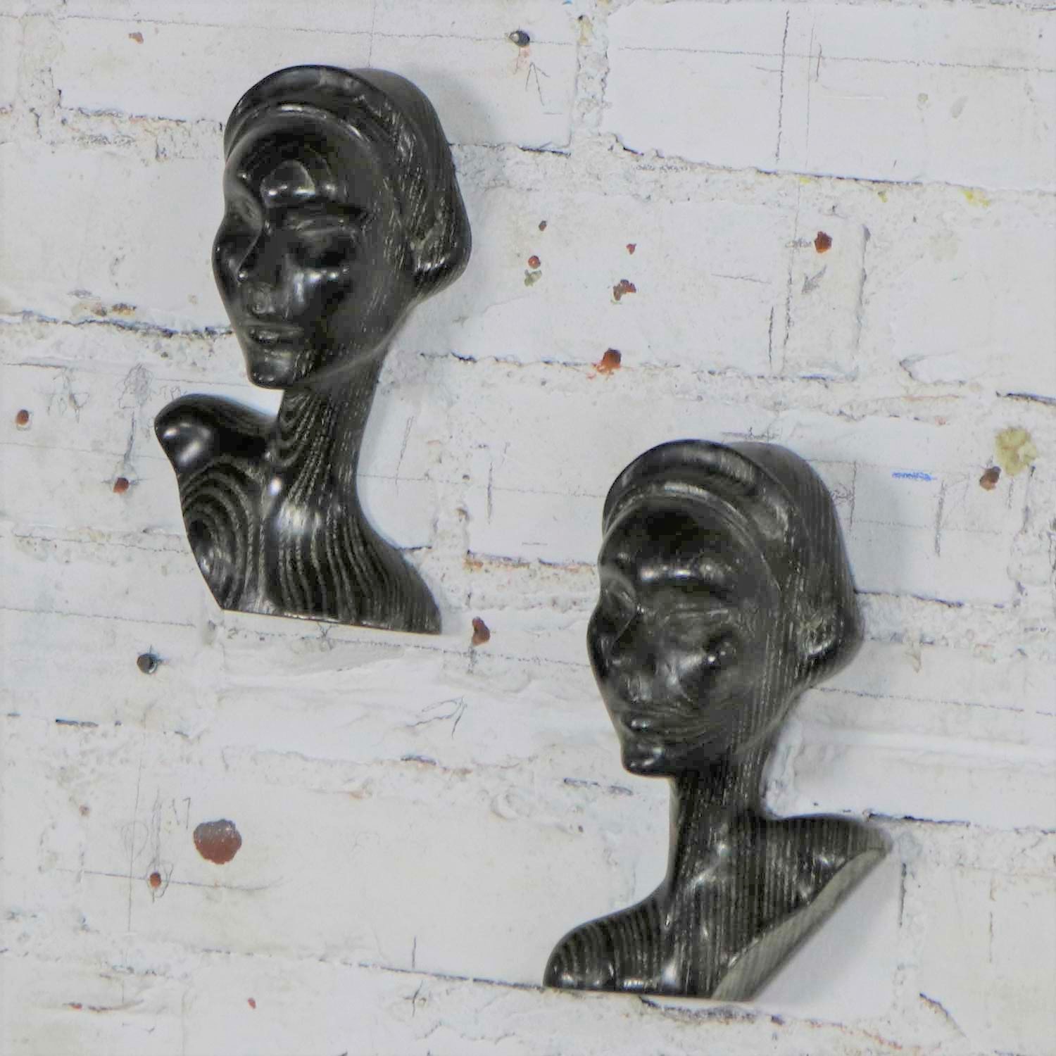 Art Deco Style Ebonized Oak Carved Female Bust Vintage Wall Sculptures, a Pair