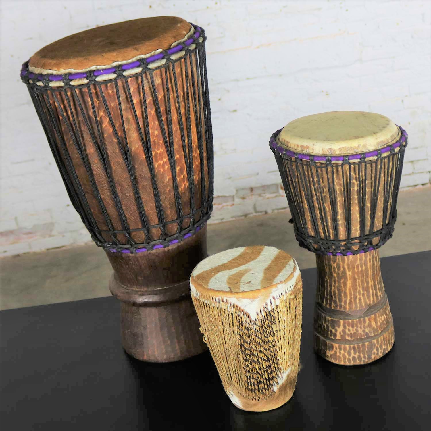 Trio of Tribal Drums Carved Wood and Animal Hide