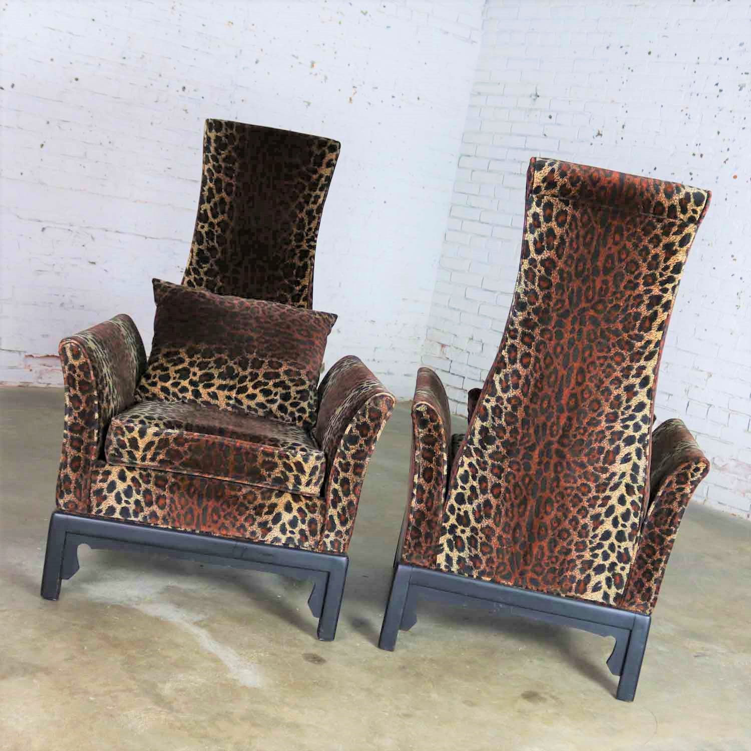 Pair Hollywood Regency High Back Chairs in Velvet Animal Print & Style of James Mont