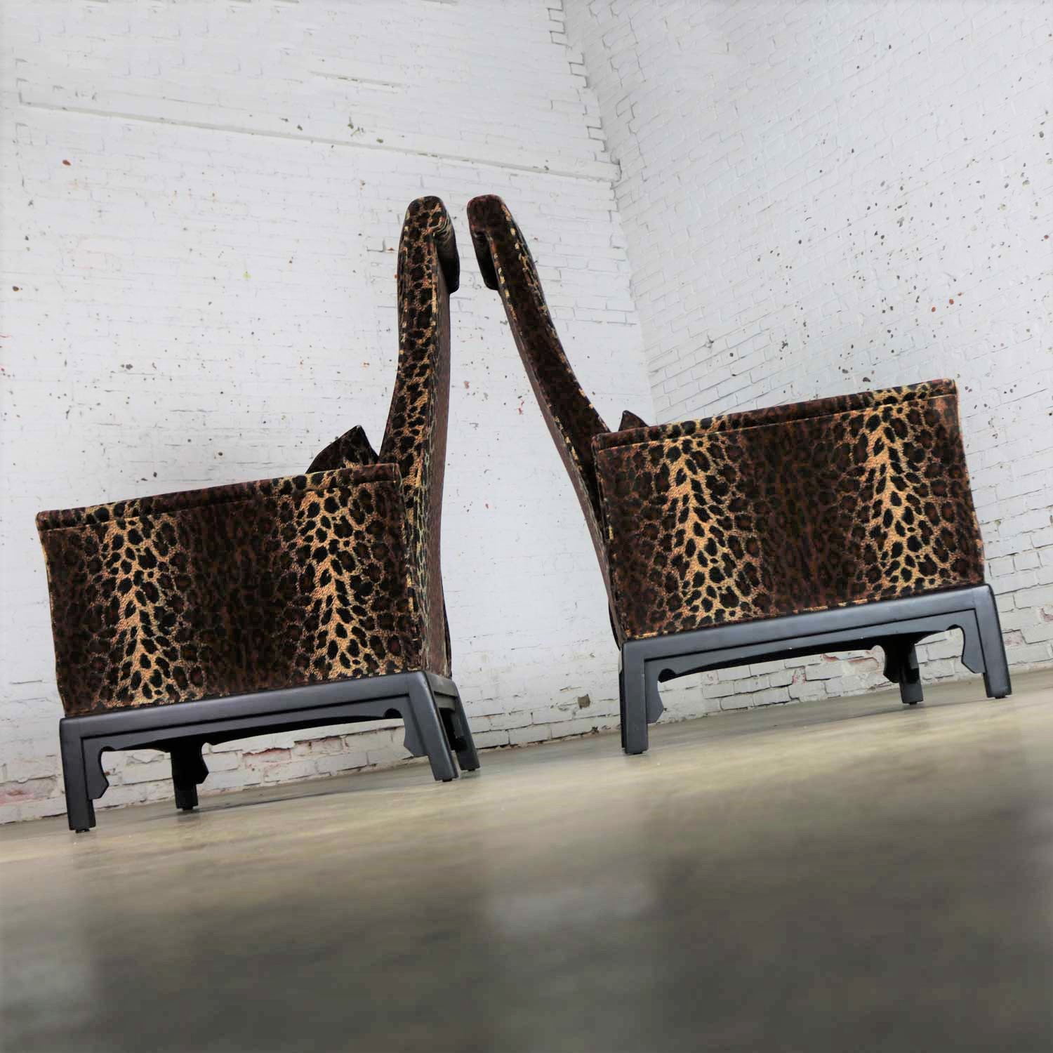 Pair Hollywood Regency High Back Chairs in Velvet Animal Print & Style of James Mont