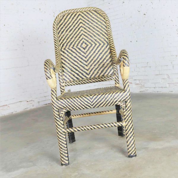 Two-Tone Chevron Pattern Rattan Wicker Tall Back Chair with Spiral Arms