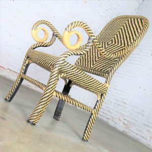 Two-Tone Chevron Pattern Rattan Wicker Tall Back Chair with Spiral Arms