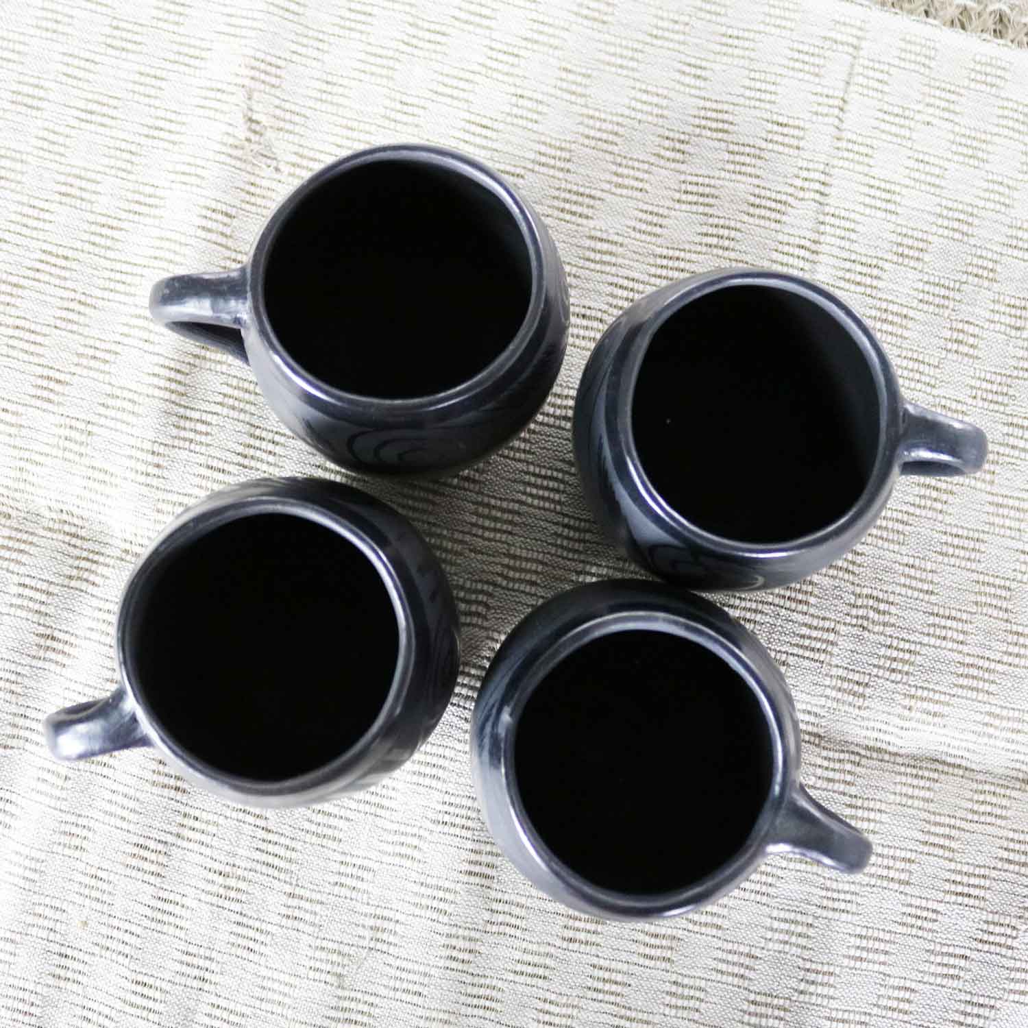 Black Clay Barro Negro Pottery Hot Chocolate Set Oaxaca Mexico 4 Mugs and Fish Tray