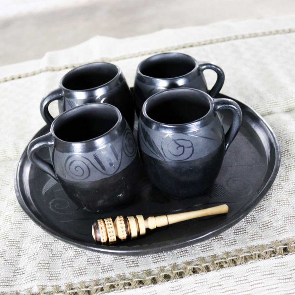 Black Clay Barro Negro Pottery Hot Chocolate Set Oaxaca Mexico 4 Mugs and Fish Tray