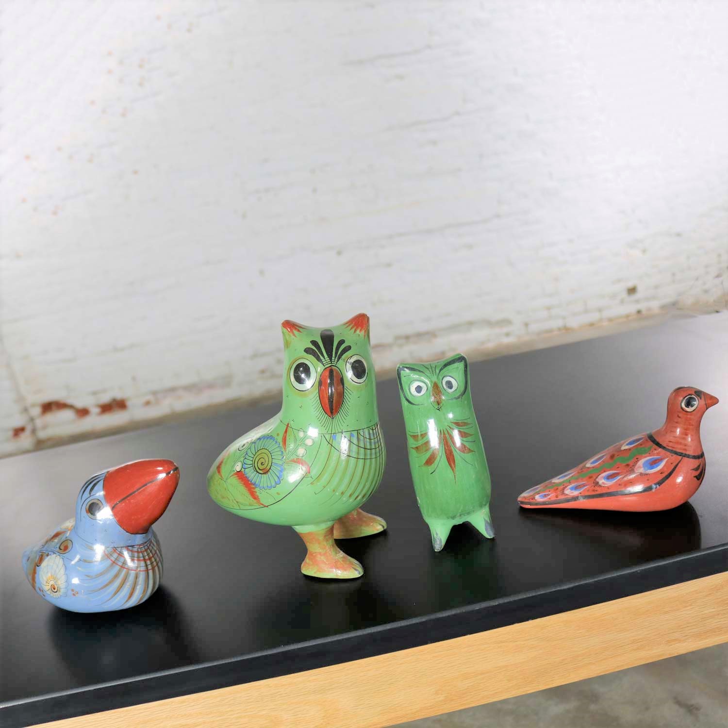 Vintage Tonala Pottery Birds Owls Toucan Dove Hand Painted Made in Mexico Set 4