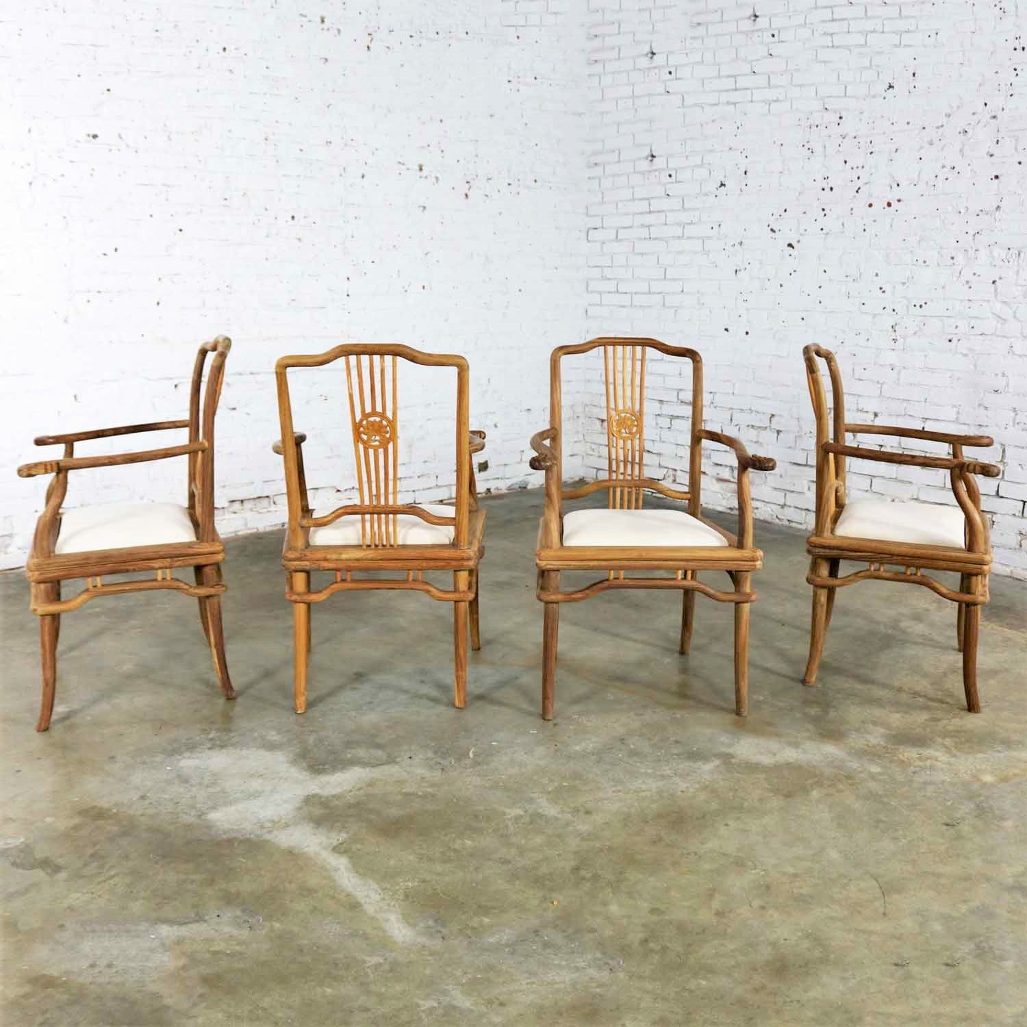 Set of Four Natural Teak Indonesian Ming Style Dining Armed Chairs with Upholstered Seats