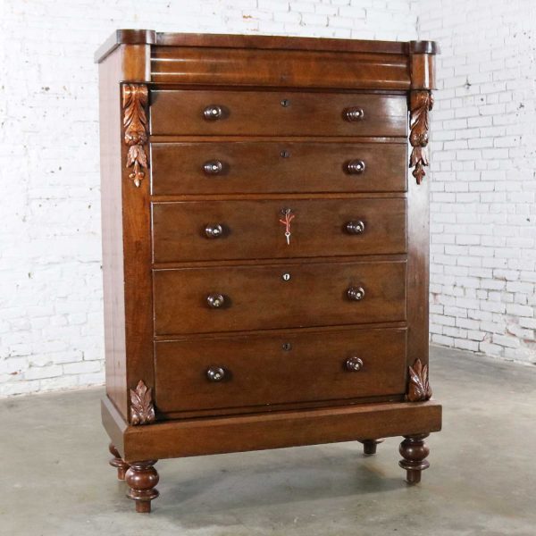 Tall Antique Edwardian Chest of Drawers Burl Front Mother of Pearl and Acanthus Carving