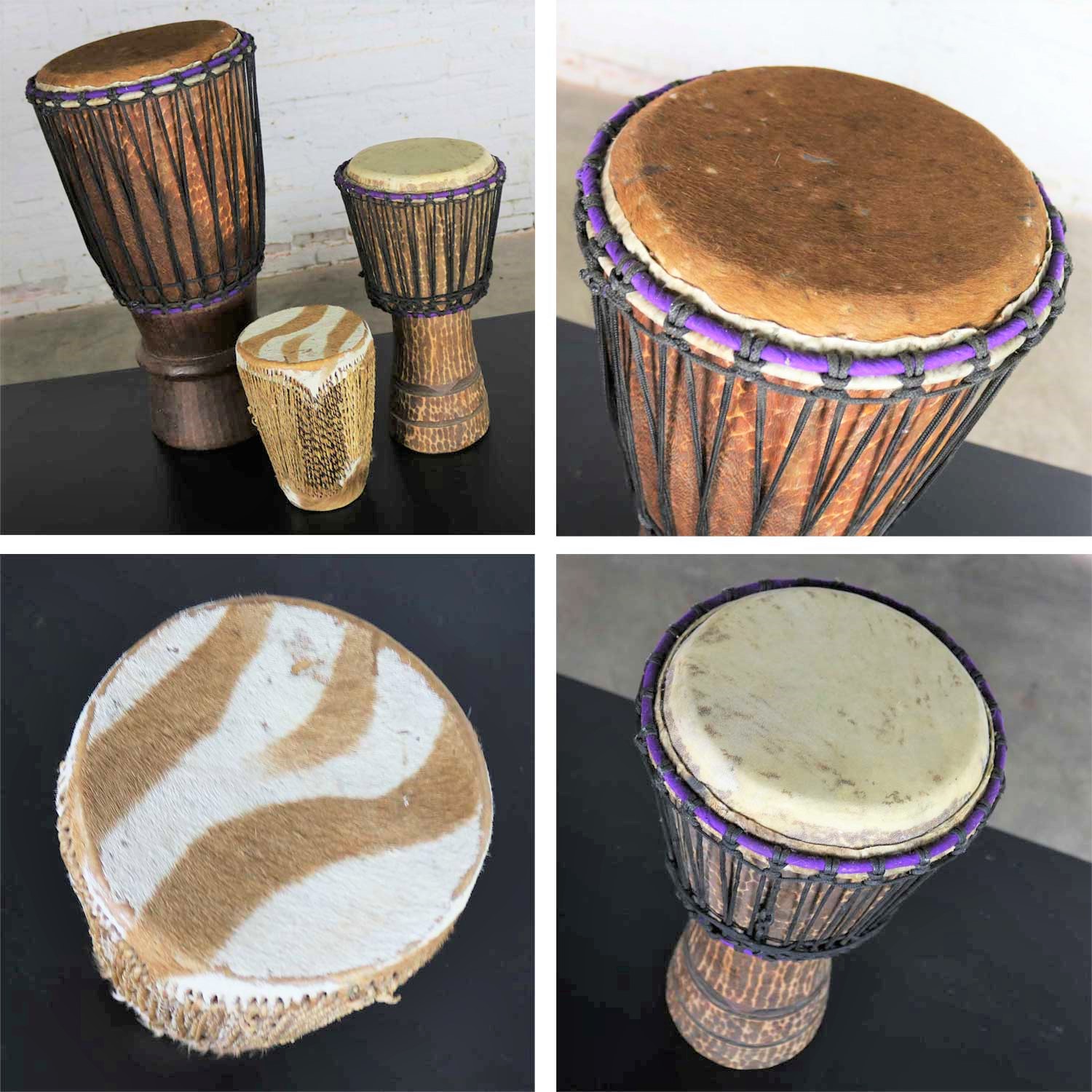 Trio of Tribal Drums Carved Wood and Animal Hide