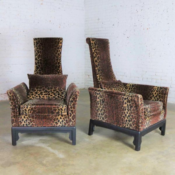 Pair Hollywood Regency High Back Chairs in Velvet Animal Print & Style of James Mont