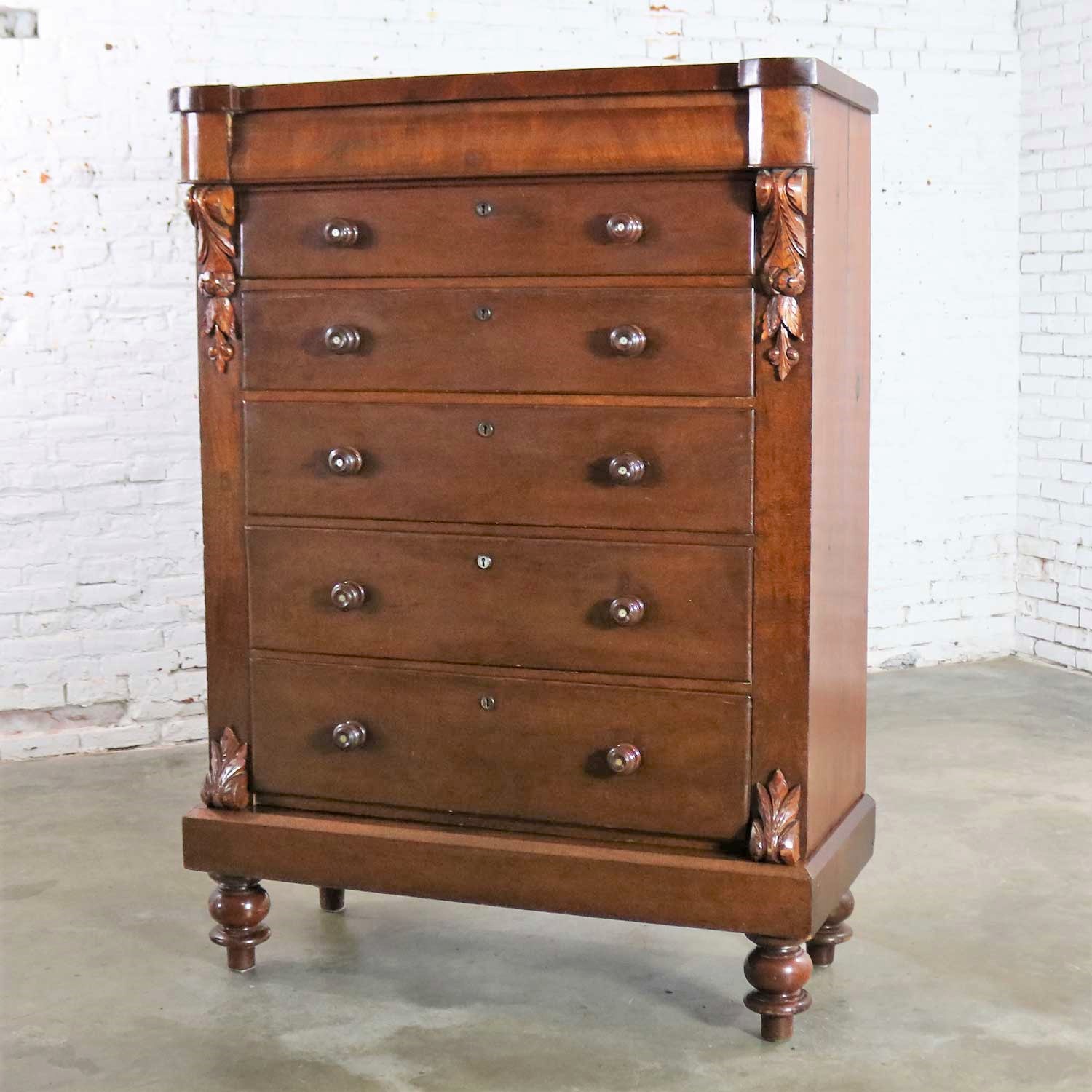 Tall Antique Edwardian Chest of Drawers Burl Front Mother of Pearl and Acanthus Carving