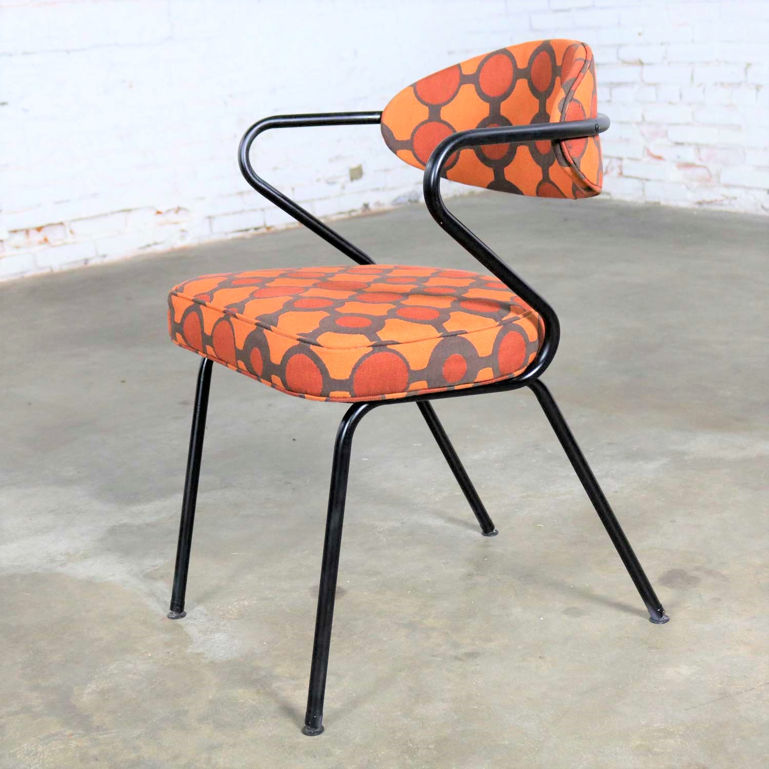 Mid Century Modern Black Bent Steel Tube Armchair with New Orange Upholstery