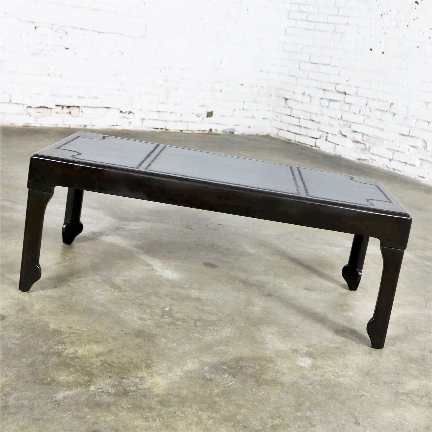 Black Inlaid Leather Top Chinese Chippendale or Ming Style Petite Coffee Table