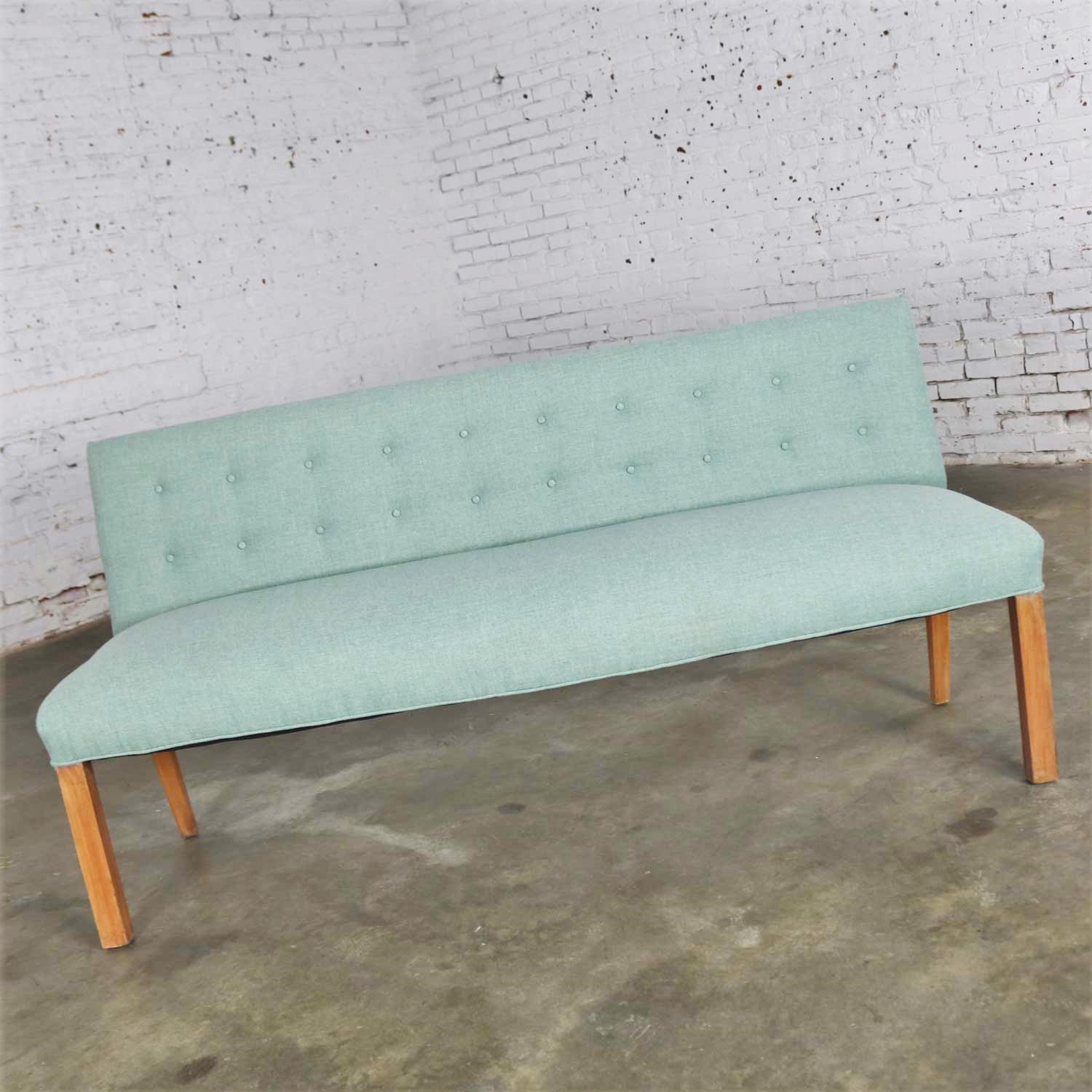 Mid Century Modern Teal & Blonde Armless Bench w/ Back Style Tommi Parzinger