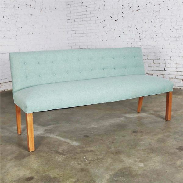 Mid Century Modern Teal & Blonde Armless Bench w/ Back Style Tommi Parzinger