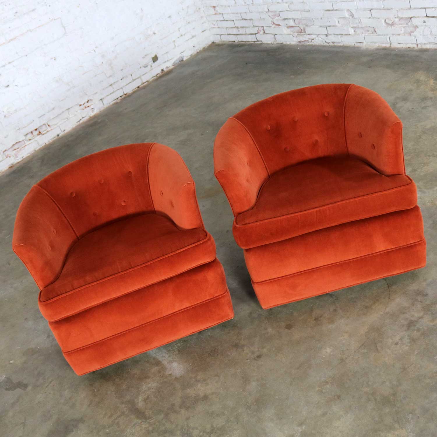 Vintage Petite Pair Hollywood Regency MCM Barrel Chairs in Burnt Orange on Casters